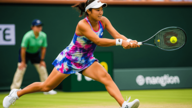 Young female tennis player focusing during a tennis match