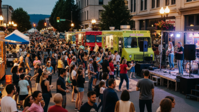 People enjoying food trucks and live music at Fridays on Front block party in downtown New Westminster