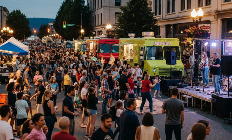 People enjoying food trucks and live music at Fridays on Front block party in downtown New Westminster
