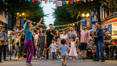 People at Strathcona Blocks Party in Vancouver enjoying street performances and summer festival atmosphere