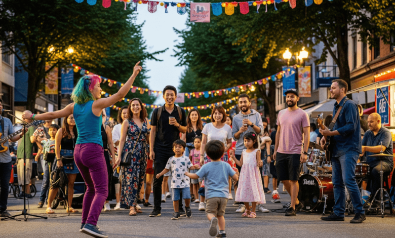 People at Strathcona Blocks Party in Vancouver enjoying street performances and summer festival atmosphere