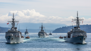 Canadian, U.S., and Mexican naval ships conducting joint drills near Esquimalt Harbour during Exercise TRIDENT FURY