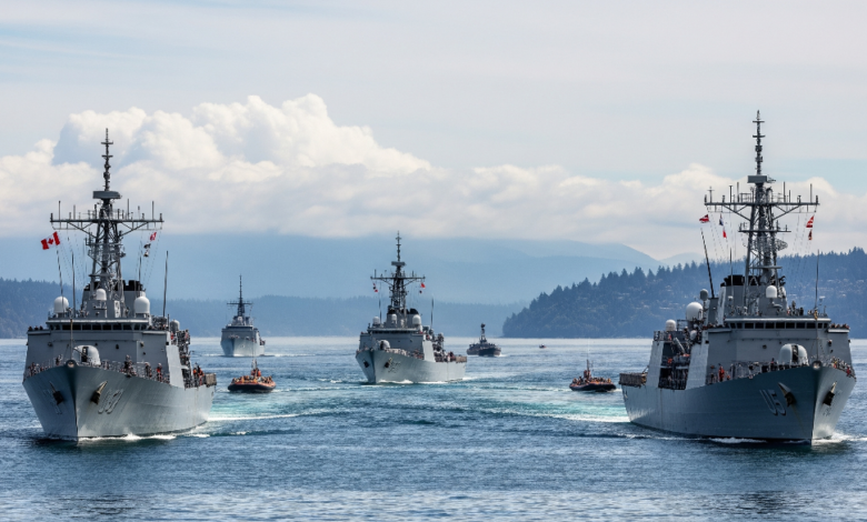 Canadian, U.S., and Mexican naval ships conducting joint drills near Esquimalt Harbour during Exercise TRIDENT FURY