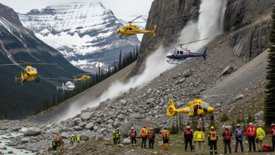 Emergency crews and helicopters respond to a rock slide near Bow Glacier Falls in Banff National Park, Alberta