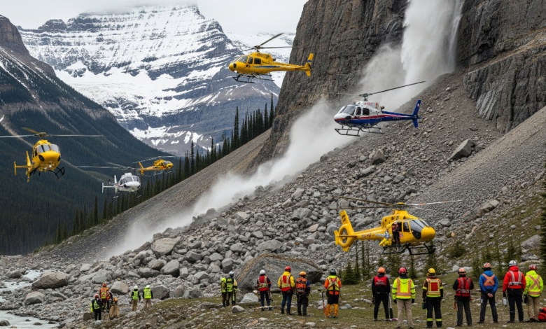 Emergency crews and helicopters respond to a rock slide near Bow Glacier Falls in Banff National Park, Alberta