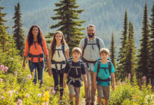 Family hiking through a scenic Canadian national park enjoying free summer access with the Canada Strong Pass