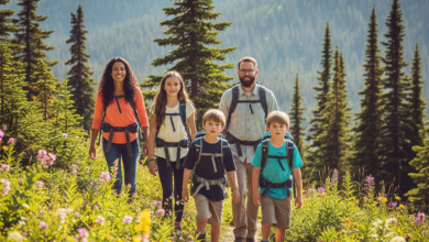 Family hiking through a scenic Canadian national park enjoying free summer access with the Canada Strong Pass