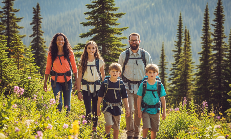 Family hiking through a scenic Canadian national park enjoying free summer access with the Canada Strong Pass