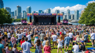 Audience enjoying live outdoor music at Summer Sounds Concert Series in downtown Vancouver