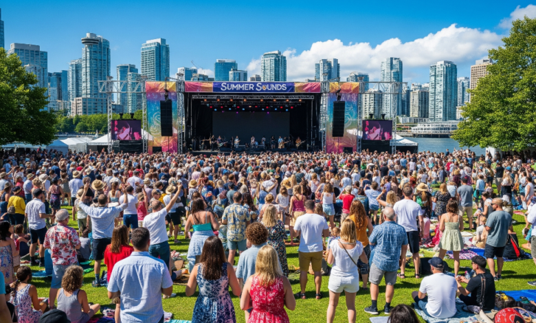 Audience enjoying live outdoor music at Summer Sounds Concert Series in downtown Vancouver