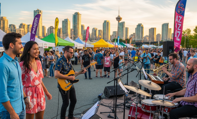 People enjoying a live outdoor jazz performance at a summer festival in Vancouver