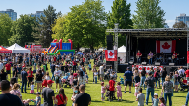 Crowds enjoying free Canada Day events with music, food, and kids activities in Metro Vancouver