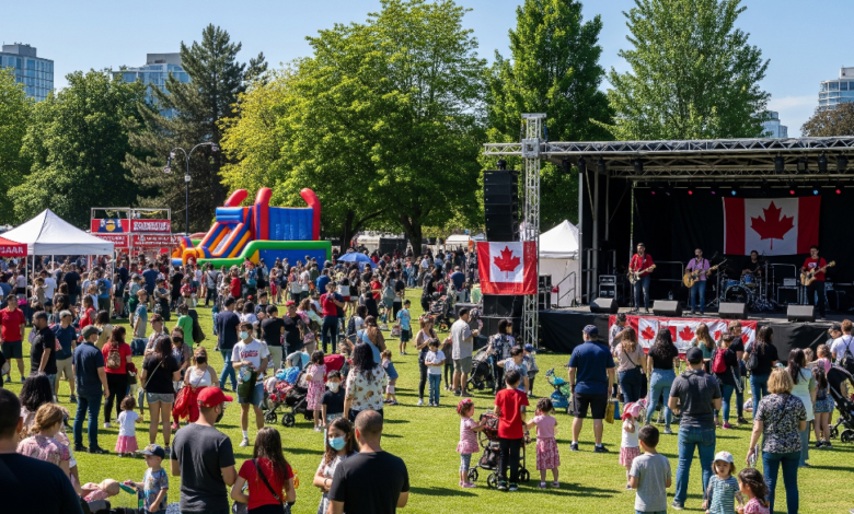 Crowds enjoying free Canada Day events with music, food, and kids activities in Metro Vancouver