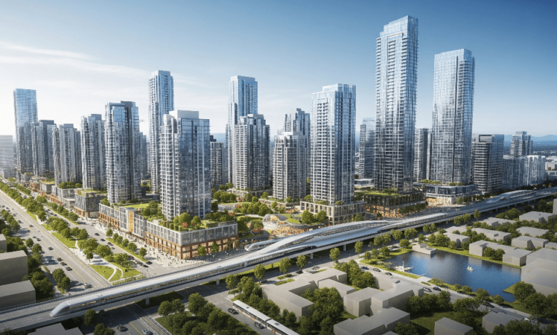 A digital rendering of Surrey City Centre’s future skyline showcasing planned high-rises, green spaces, and transit corridors.