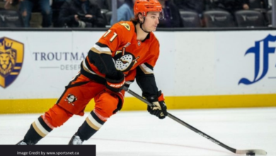 Trevor Zegras skating in Anaheim Ducks uniform during NHL game