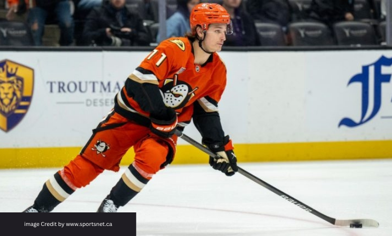 Trevor Zegras skating in Anaheim Ducks uniform during NHL game