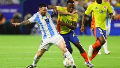 Argentina vs Colombia football match at Estadio Monumental with Messi and Luis Díaz