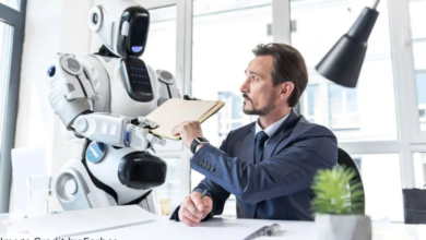 AI robot assisting worker in modern workplace