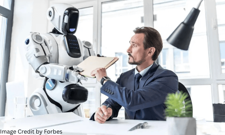 AI robot assisting worker in modern workplace