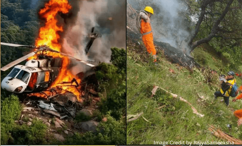 Wreckage of the helicopter crash near Kedarnath, India, surrounded by mist and trees