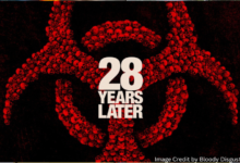 Official poster of 28 Years Later showing the film's cast with a dark, apocalyptic background