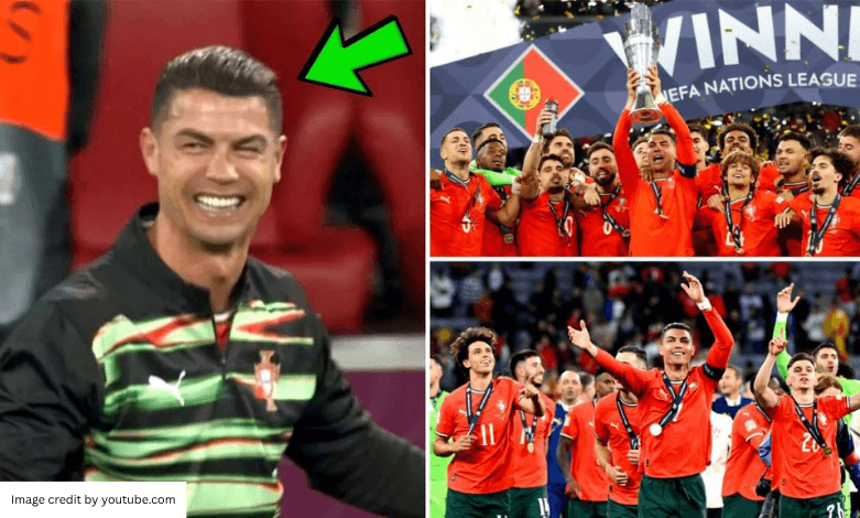 Cristiano Ronaldo kneeling in tears after Portugal wins Nations League final