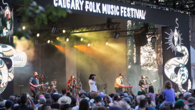 Live band performing on stage at the Calgary Folk Music Festival 2025 with a large audience enjoying the show under festival lights.