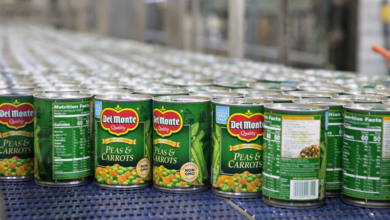 Del Monte canned vegetables on a production line during Del Monte bankruptcy restructuring in 2025