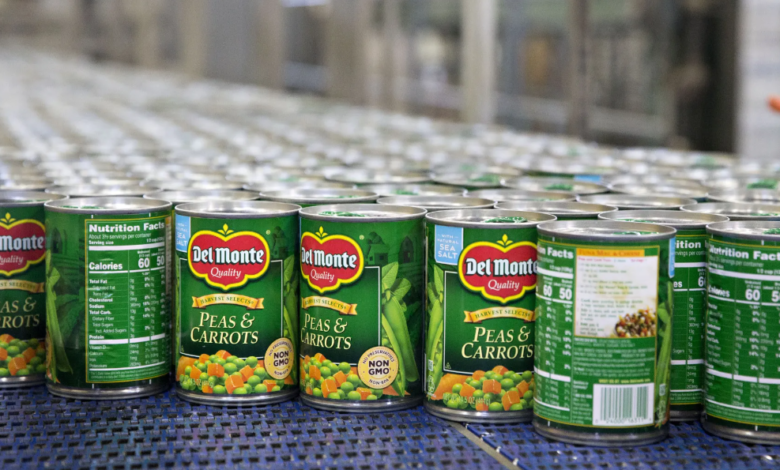 Del Monte canned vegetables on a production line during Del Monte bankruptcy restructuring in 2025