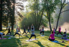 People practicing outdoor yoga at Bear Creek Park on a sunny morning surrounded by trees