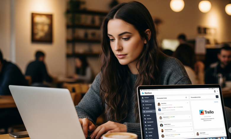 Freelancer working at a laptop in a Vancouver café using productivity apps like Notion and Trello