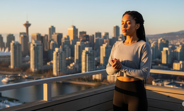 Woman practicing box breathing on a balcony with the Vancouver skyline in the background