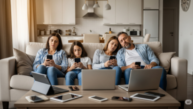 A tired family of four sitting on a couch surrounded by digital devices, showing signs of sleep deprivation and fatigue in a modern home environment.