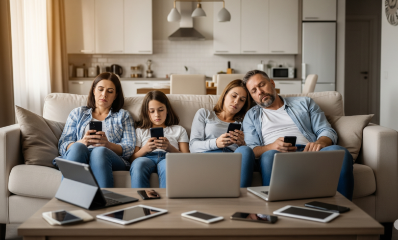 A tired family of four sitting on a couch surrounded by digital devices, showing signs of sleep deprivation and fatigue in a modern home environment.