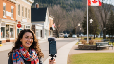 Micro-influencer filming social media content in a small Canadian town with local scenery in the background.