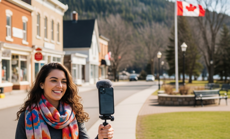 Micro-influencer filming social media content in a small Canadian town with local scenery in the background.