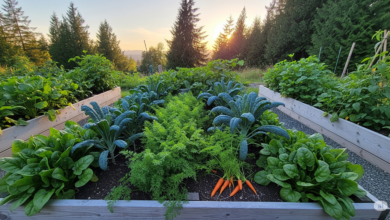Raised garden bed in British Columbia filled with late-summer crops like kale, carrots, and spinach under golden evening sunlight