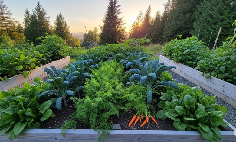 Raised garden bed in British Columbia filled with late-summer crops like kale, carrots, and spinach under golden evening sunlight