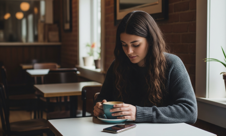 Woman sitting at a quiet Manitoba café during a social media blackout, sipping coffee with her phone face-down.