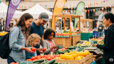 Family selecting fresh produce at a vibrant suburban farmers’ market in Canada