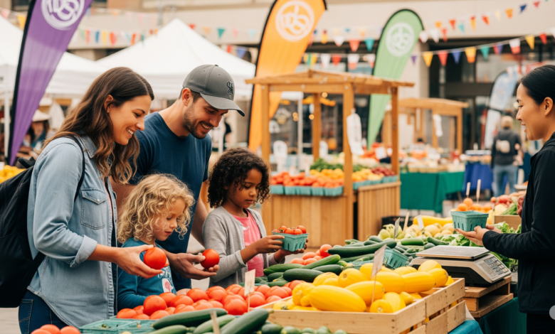 Family selecting fresh produce at a vibrant suburban farmers’ market in Canada