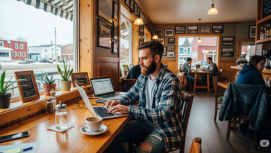 A young professional working remotely on a laptop in a cozy café in a scenic Canadian small town