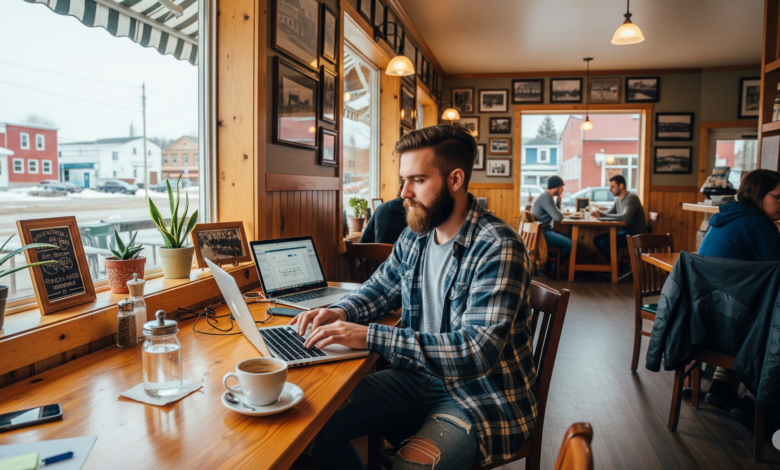 A young professional working remotely on a laptop in a cozy café in a scenic Canadian small town