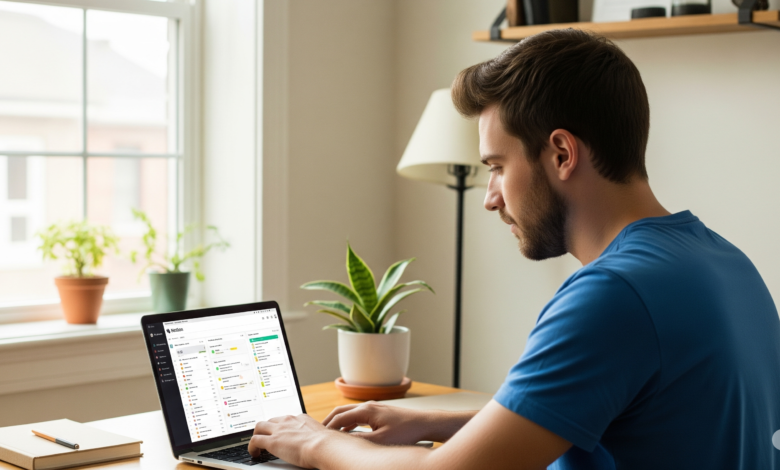 Young Canadian using a laptop with Notion app open while working from home, surrounded by natural light and minimal workspace.
