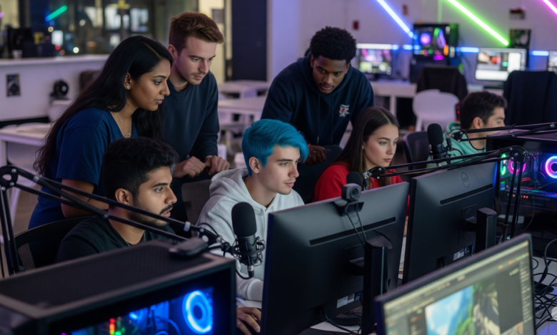 Group of young creators collaborating inside a modern Vancouver gaming café with computers and digital equipment