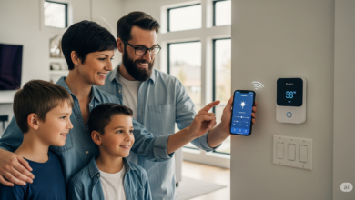 A Canadian family using a smartphone to control smart lights and a thermostat in a modern home