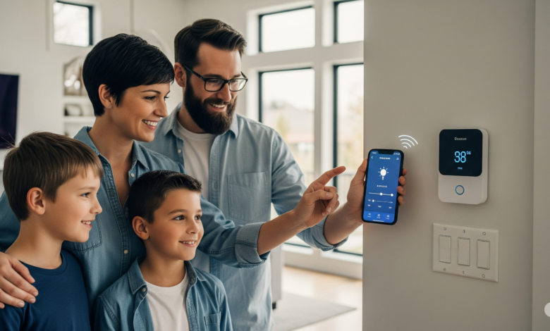 A Canadian family using a smartphone to control smart lights and a thermostat in a modern home