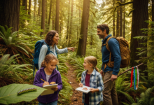 Parents and children hiking in Fraser Valley forest as part of a digital detox for kids, engaging in tech-free bonding activities