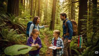 Parents and children hiking in Fraser Valley forest as part of a digital detox for kids, engaging in tech-free bonding activities
