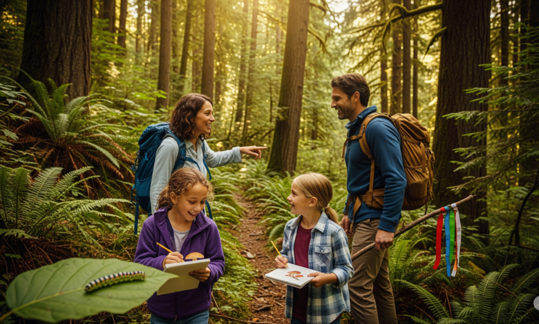Parents and children hiking in Fraser Valley forest as part of a digital detox for kids, engaging in tech-free bonding activities